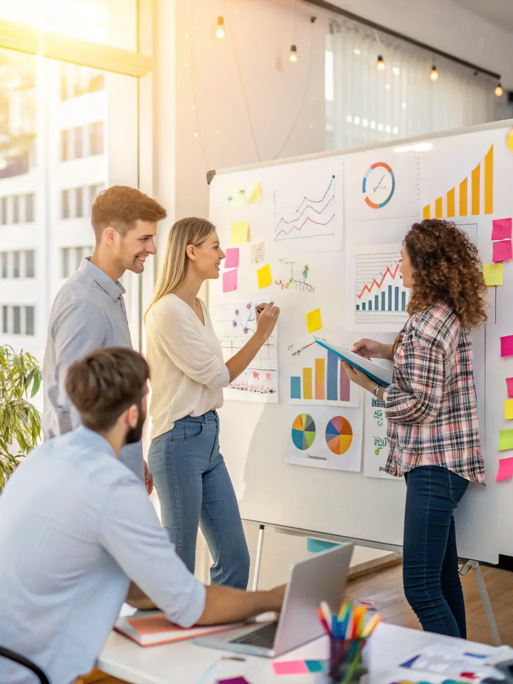 A startup team is collaborating on economic planning, reviewing financial models and investment strategies with a business mentor in a co-working space.