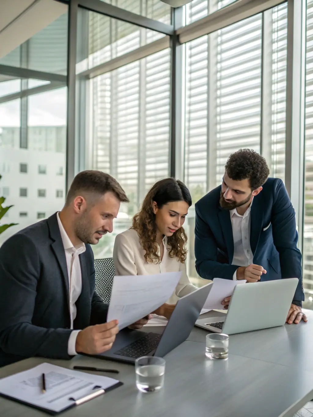 A professional business coach is guiding a startup founder through financial documents, highlighting key investment opportunities and growth projections in a modern office setting.