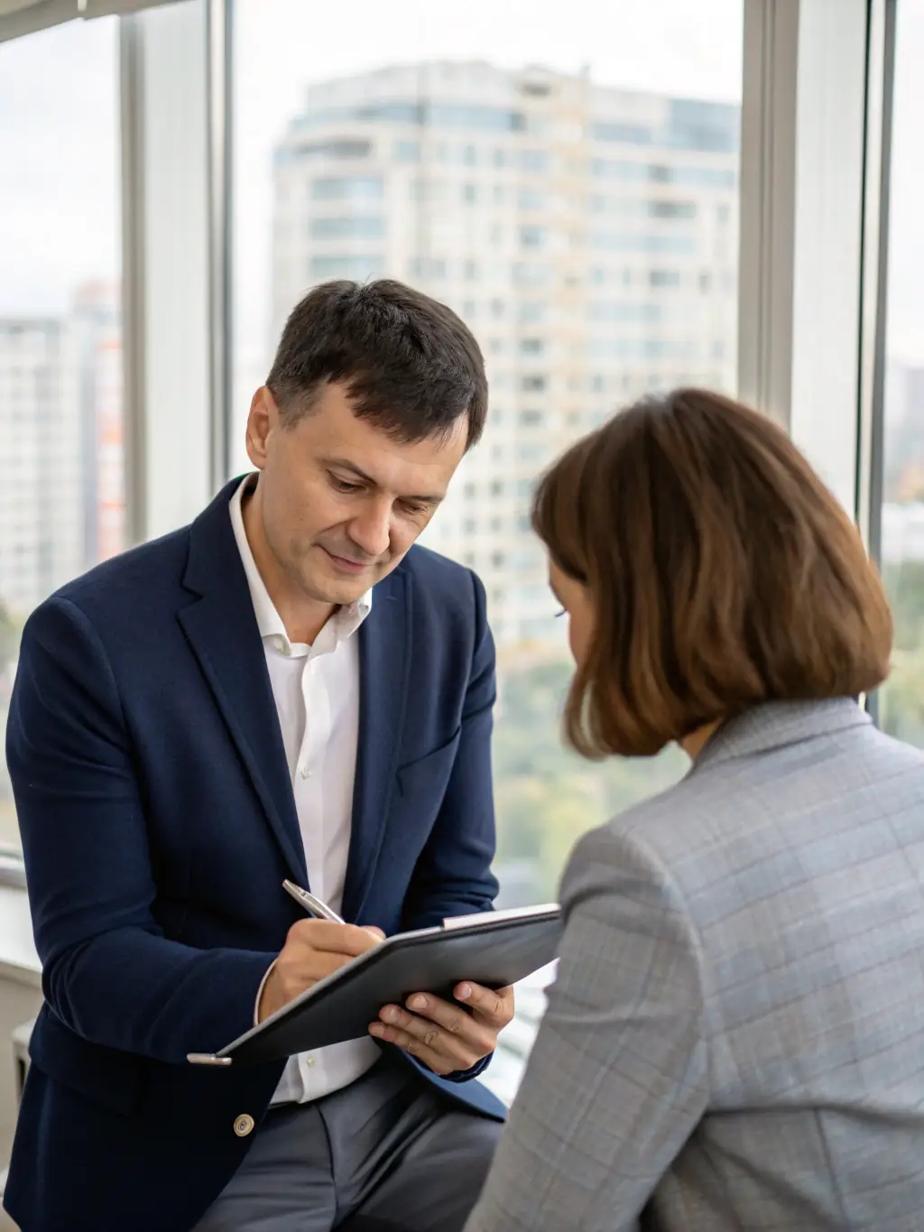 A business mentor is discussing asset management strategies with a startup founder, using a digital tablet to illustrate investment options and potential returns.