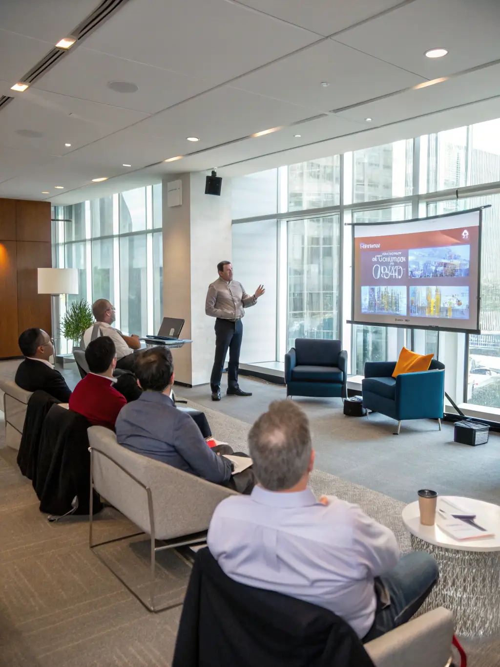 A diverse group of startup entrepreneurs are attentively listening to a coach explaining investment strategies, with market data and growth charts displayed on a screen.