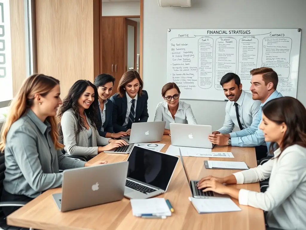 A professional photograph of a diverse group of startup team members collaborating in a modern office space, with charts and graphs visible in the background, symbolising financial growth and investment success.