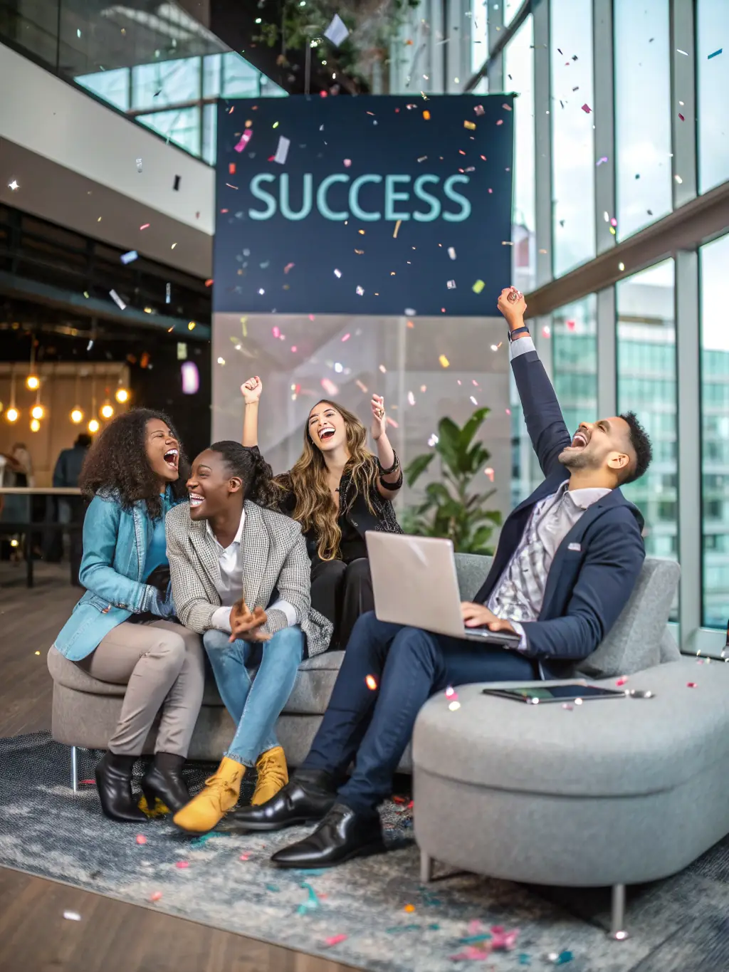 A startup team celebrating a successful funding round, showcasing the positive outcomes of effective coaching and strategic planning.