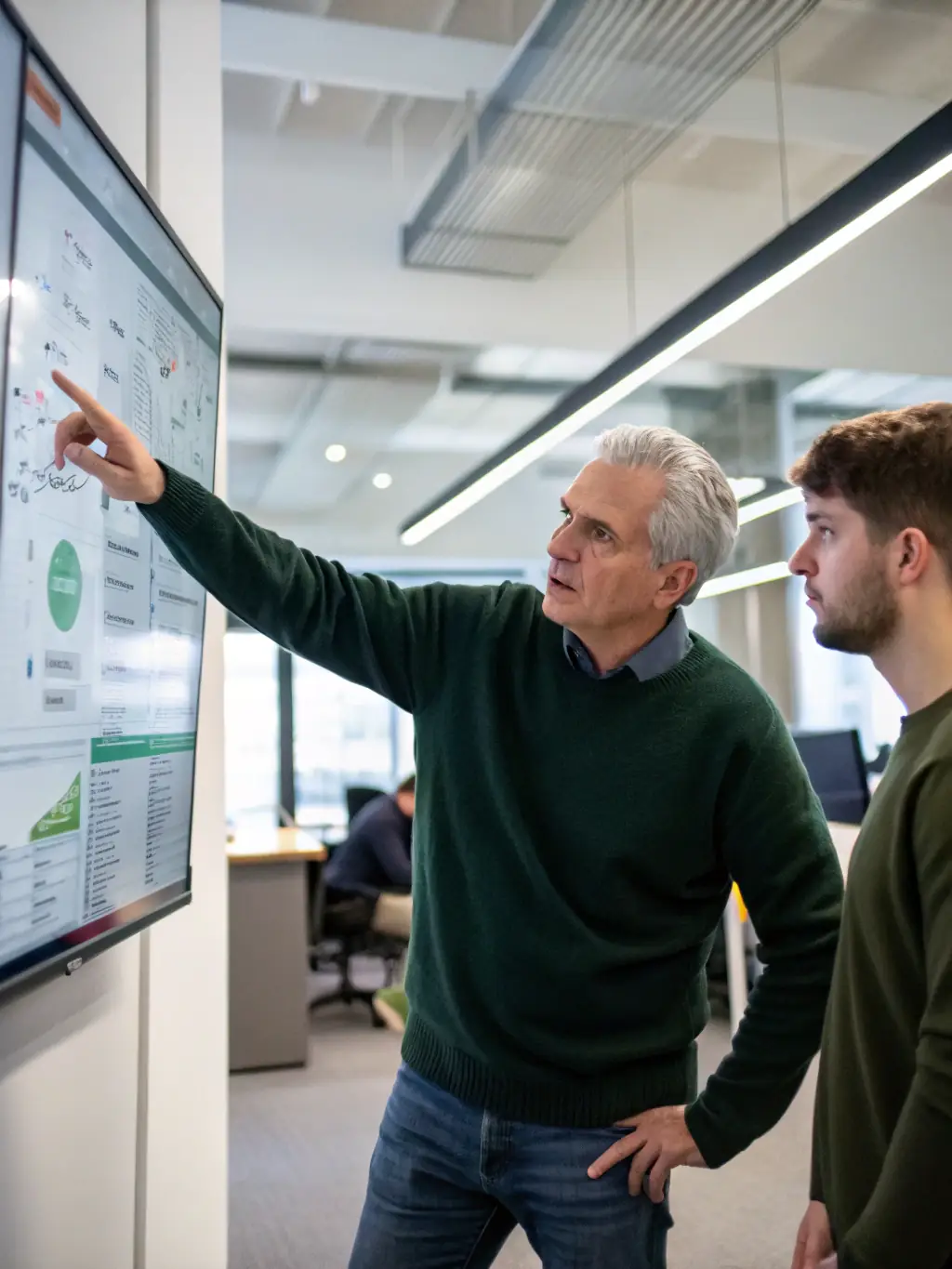 A coach advising a startup founder on asset management, with charts and graphs illustrating growth and diversification strategies.