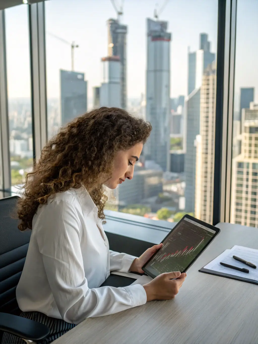 A determined startup founder reviewing financial projections with a coach in a modern office setting, emphasizing strategic planning and financial acumen.